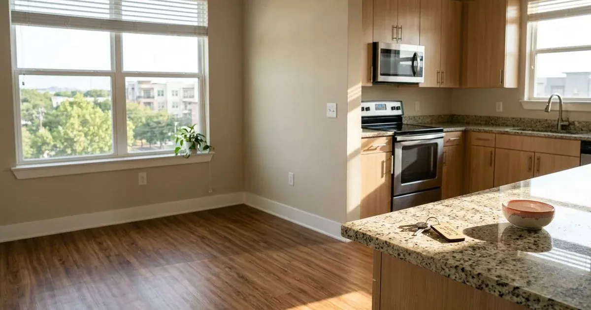 Illustration of an empty living room and kitchen with keys on the counter