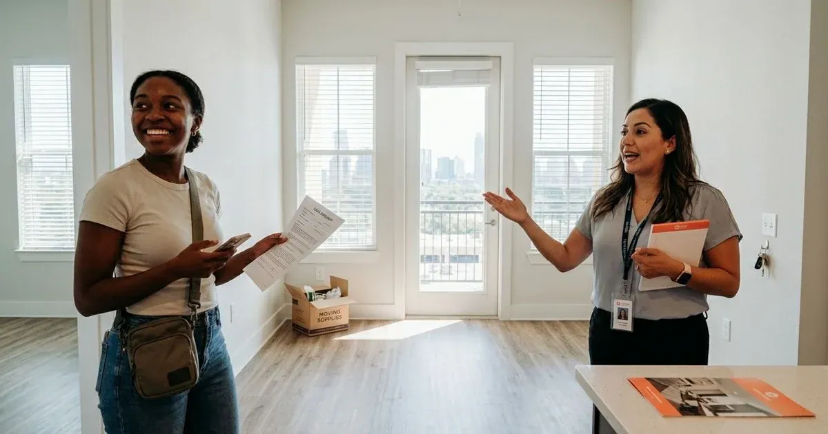 Illustration of a renter holding a floor plan as an agent shows an empty apartment
