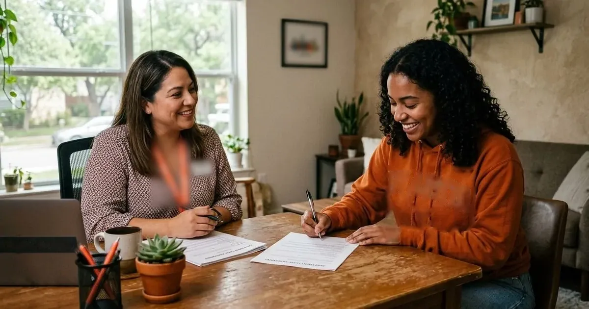 Illustration of a renter signing a lease at a table across from an agent