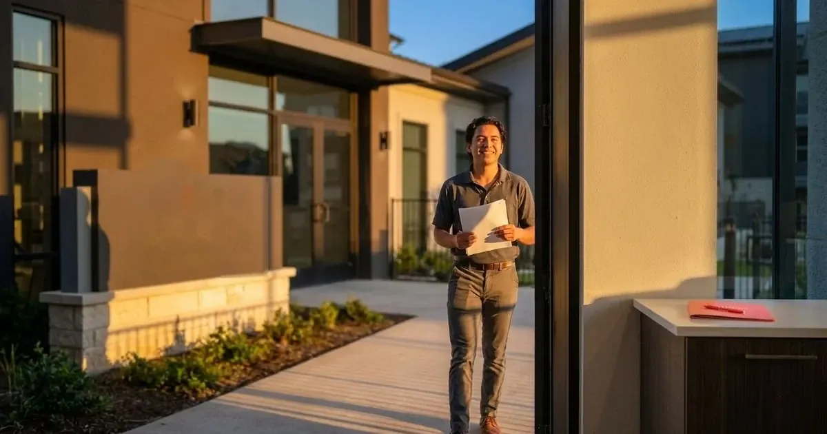 Illustration of a person holding papers on a walkway beside an apartment entrance sign