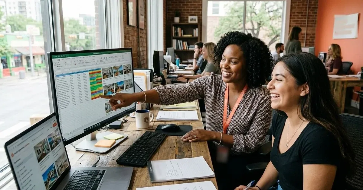 Illustration of an agent and a renter smiling at apartment listings on a computer screen