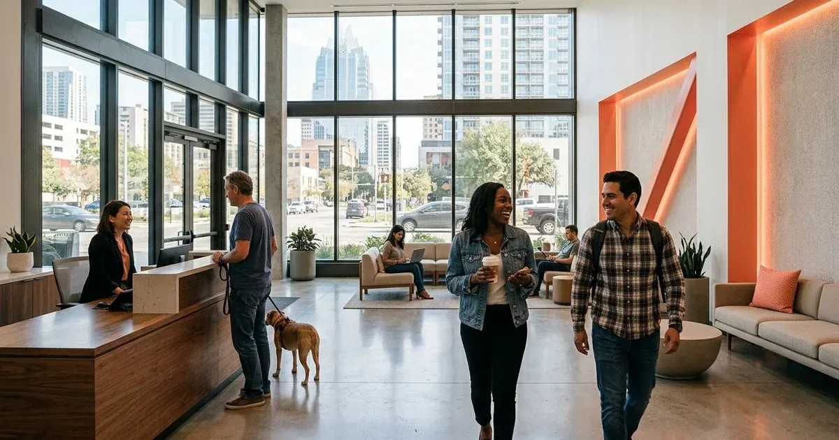 Illustration of people walking through a tall apartment lobby with city towers outside the windows