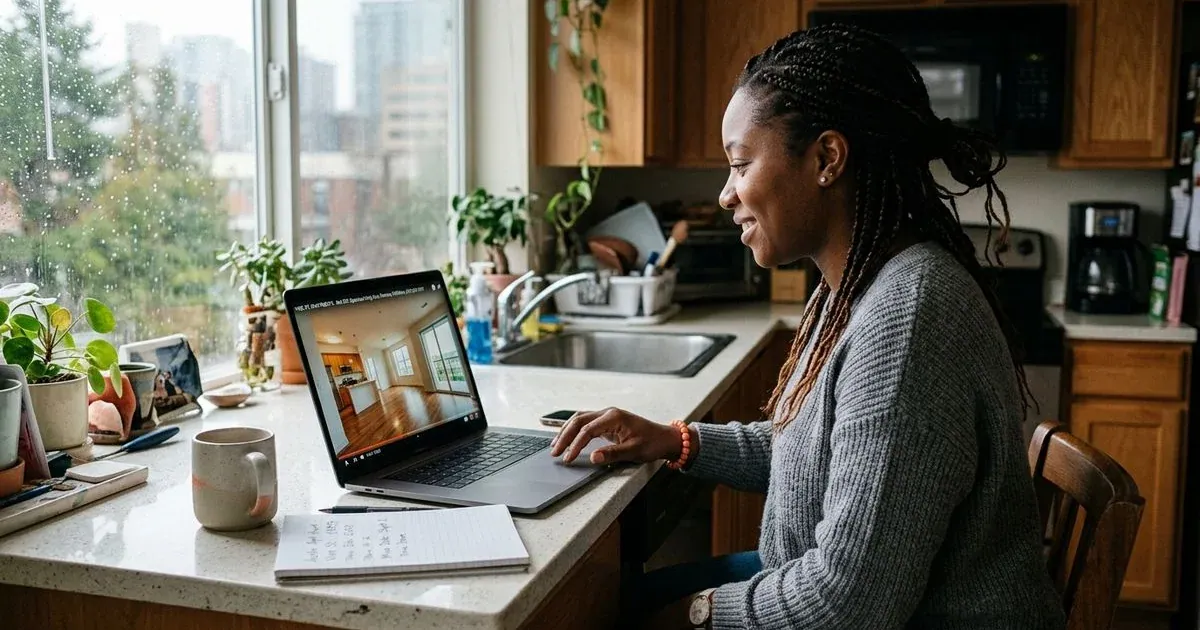 Illustration of a person at a kitchen counter watching an apartment video tour on a laptop