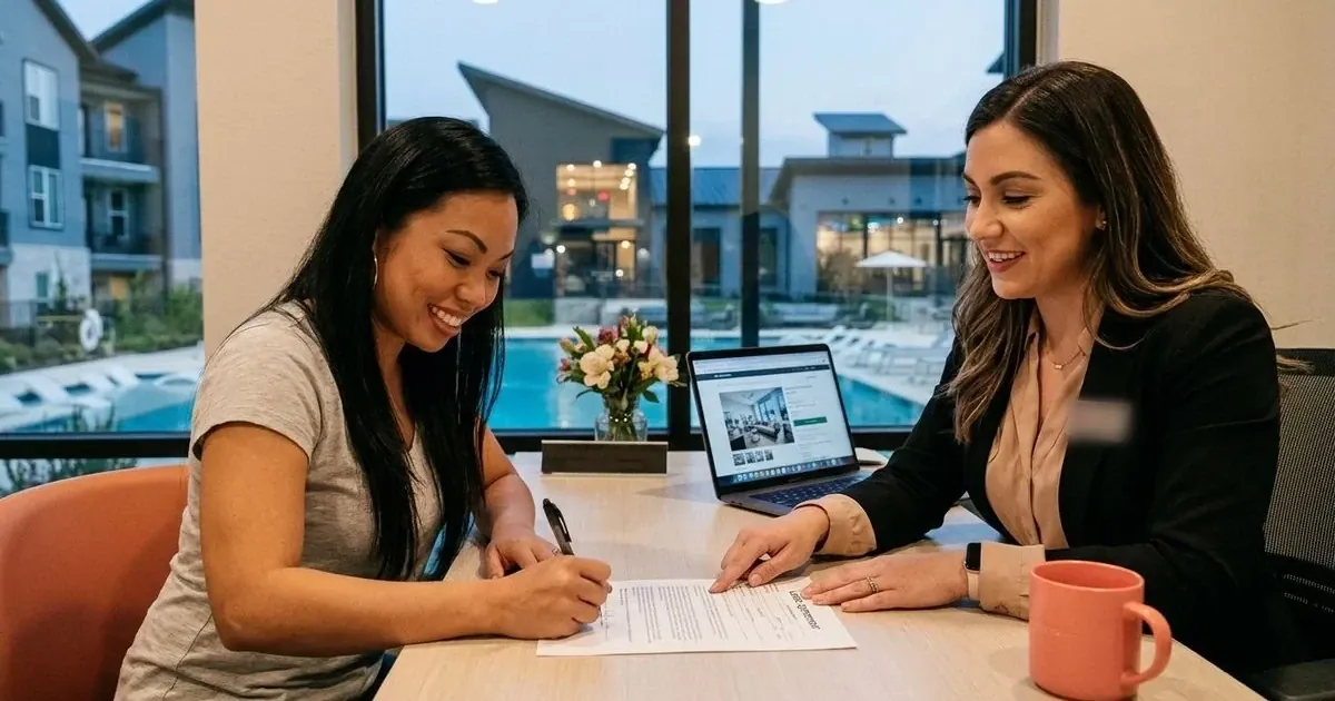 Illustration of a renter signing a lease at a desk across from an agent