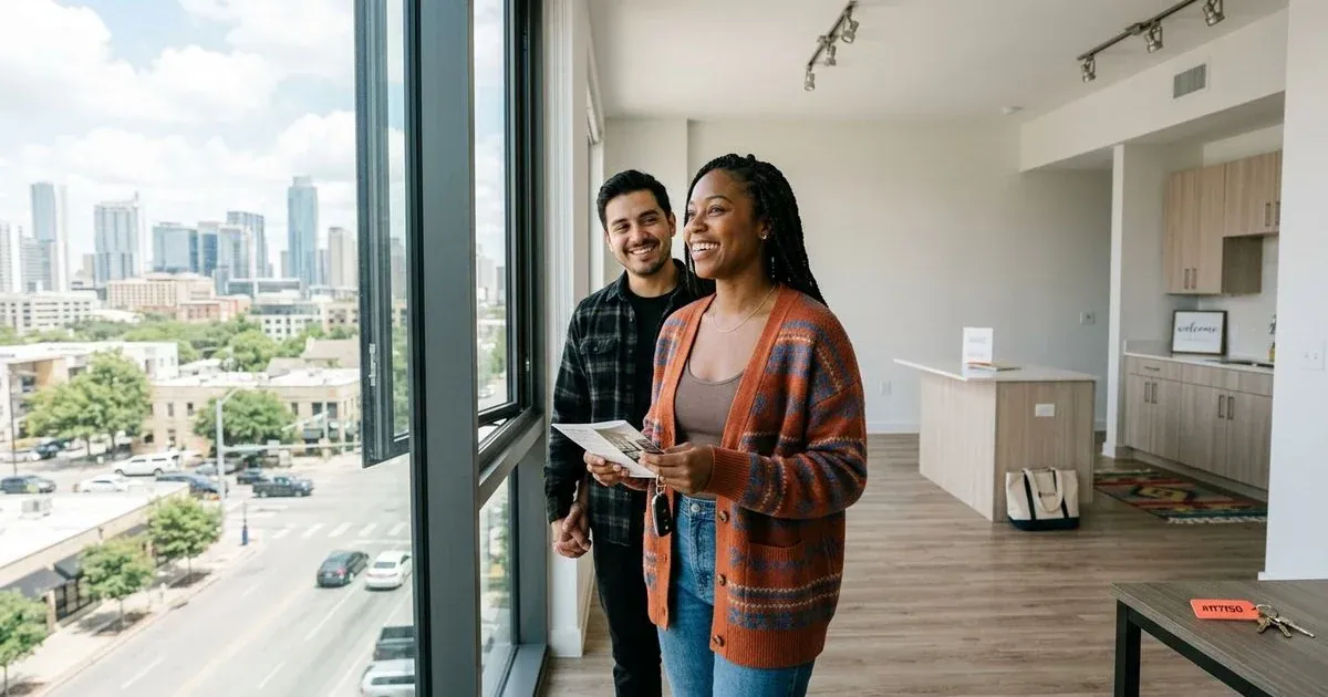 Illustration of two renters looking out a tall window in an empty apartment
