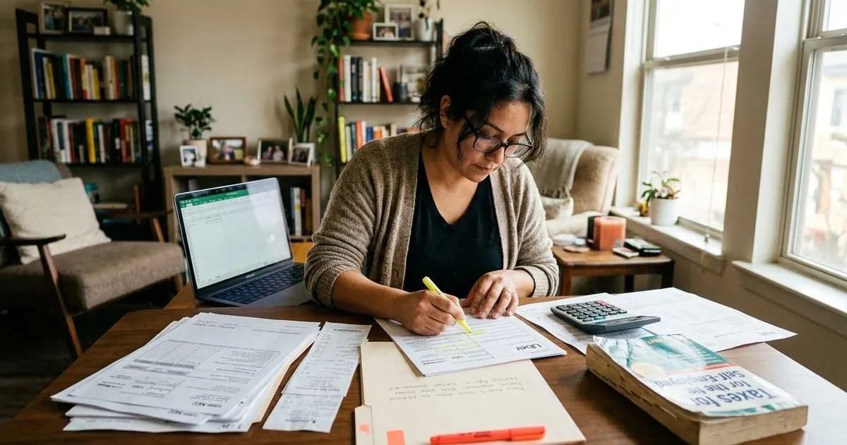 Illustration of a person highlighting income papers next to a calculator and a tax guide