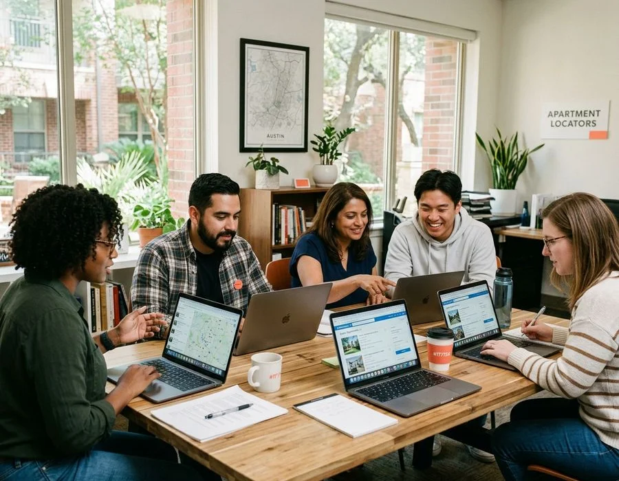 Illustration of a locating team working at laptops